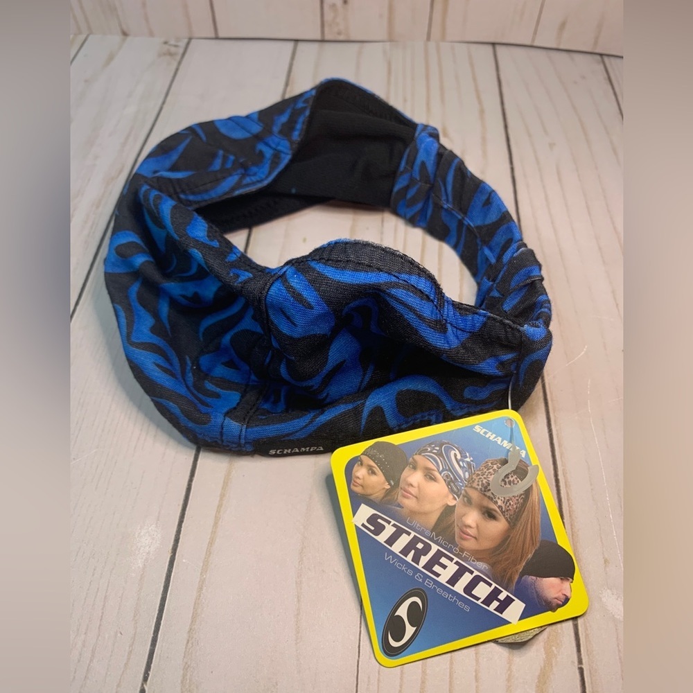 Schampa Stretch Headband Blue Black Flame Ultra‎ Microfiber Biker Headwear NWT